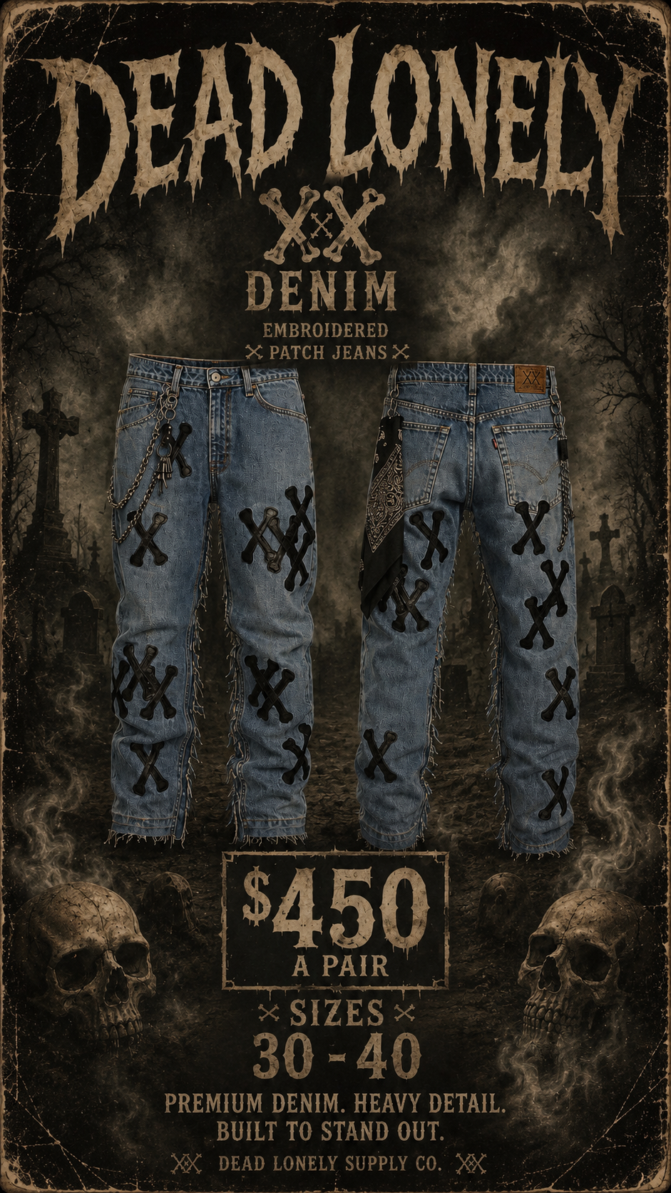 Bone Head Baggy Jeans (Blue Denim) (Big and Tall)