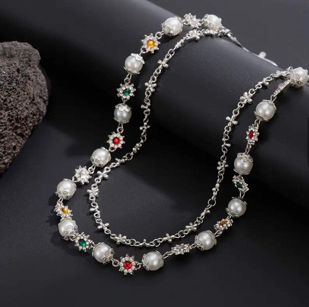 Silver Gemstone & Cross Chain