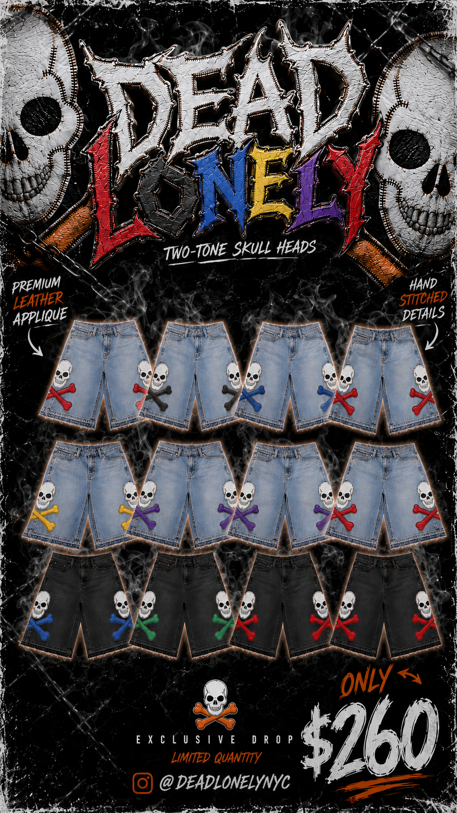 DEADLONELY Big & Tall 2tone skull and bones jean shorts