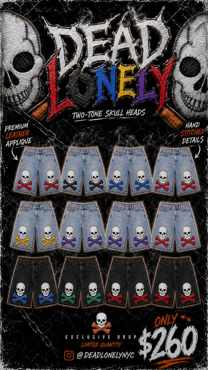 DEADLONELY Big & Tall 2tone skull and bones jean shorts