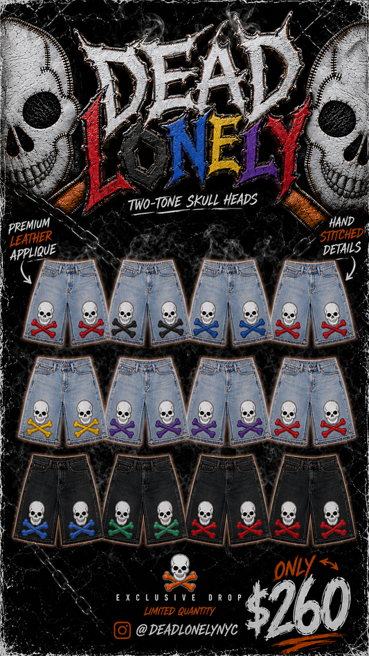 DEADLONELY 2tone Skull & Bones Jean Shorts