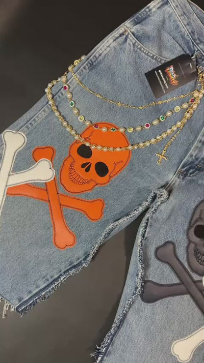 Deadlonely Skull & Bonez Jorts (Orange & Navy Colorway)